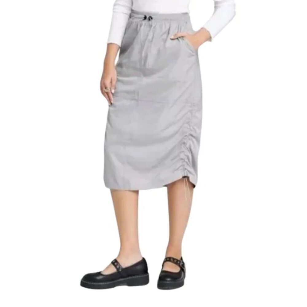 EUC Wild Fable Silver Gray Parachute Ruched Midi-Skirt